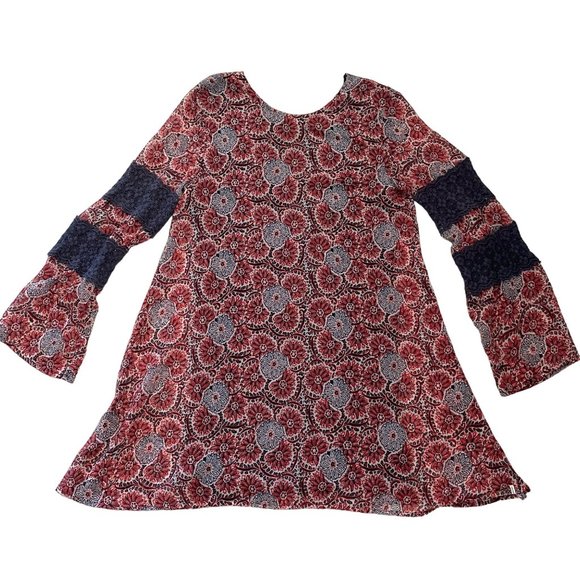 Volcom Red Navy Boho Dress True To This Tunic Cut Out Lace Inset Sleeves Lined, - Picture 1 of 15